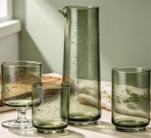 Olive Green Bubble Glass Carafe and Drinking Glass Set | Glasswaretalk