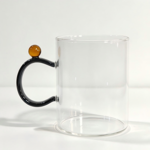 Wholesale Minimalist Plain Glass Mug with Colored Ball Accent Handle | Glasswaretalk