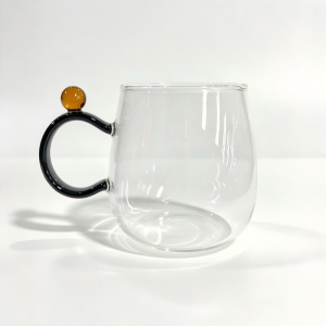 Wholesale Minimalist Plain Glass Mug with Colored Ball Accent Handle | Glasswaretalk