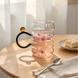 Wholesale Funky Wavy Ripple Glass Mug with Colored Ball Accent Handle | Glasswaretalk