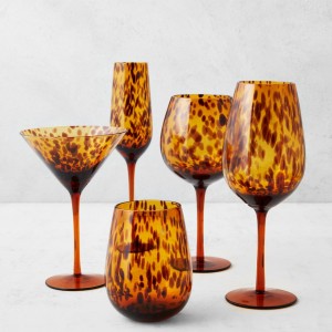 Amber Tortoise Shell Leopard Hand Blown Wine Glasses Set