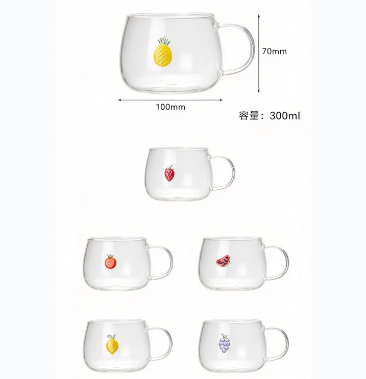 Wholesale 300ml High Borosilicate Glass Mug with Fruit Decal & icon