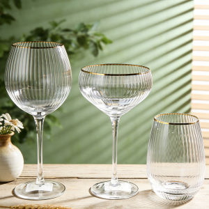 RIBBED GLASS SET +GOLD RIM MADE IN CHINA
