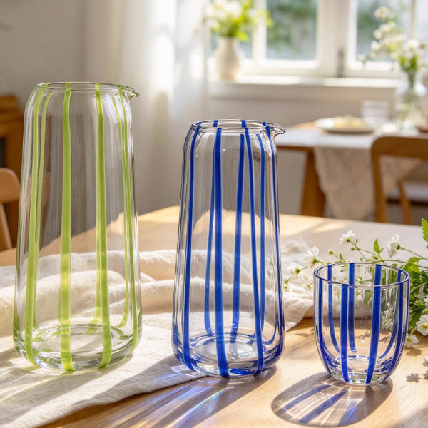 Colorful Striped Glass Carafe and Tumbler Set | Glasswaretalk Featured Image