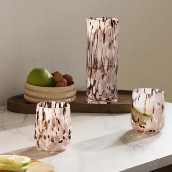 Pink & Black Speckled Glass Carafe and Cup Set | Glasswaretalk Featured Image