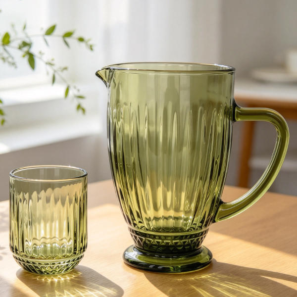 Vintage Olive Green Ribbed Glass Pitcher and Tumbler Set | Glasswaretalk Featured Image