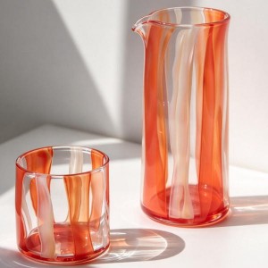 Orange & White Swirl Striped Glass Carafe and Cup Set | Glasswaretalk