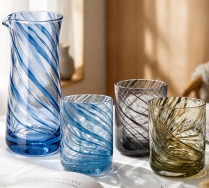 Ocean Blue Swirl Spiral Striped Glass Carafe and Tumbler Set | Glasswaretalk