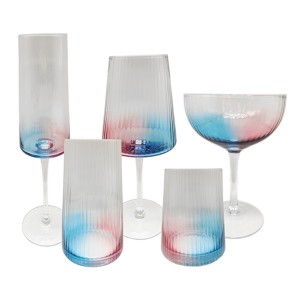 Hand-blown Dense Vertical Stripe Blue and Red Drinking Glasses Set