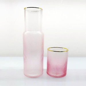 Gold Rimmed Pink Glass Carafe with Cup