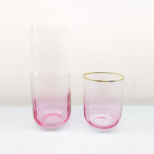 Gentle Ribbed Glass Carafe with Cup Gold Rimmed