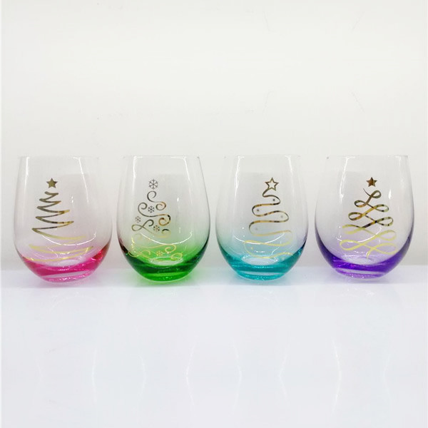 Set of 4pcs Stemless Christmas Wine Glasses, Gold Printing Christmas Tree Stemless Wine Glass, Tinted Pink, Green, Blue, Purple Stemless Christmas Wine Glass