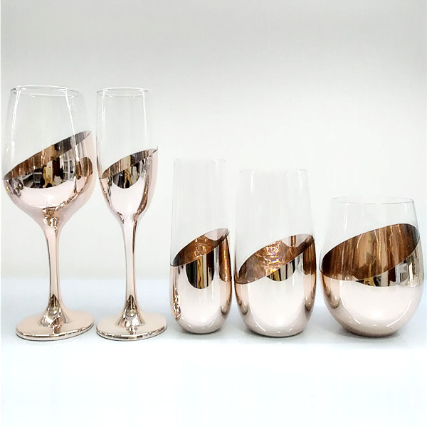 Slant Electroplated Rose Gold Wine Glass Sets, Stemmed Champagne Glasses, Tumblers, Hiball Glasses