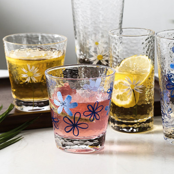 Hammer Eye Pattern Drinking Glasses, Hand Painting Daisy Drinking Glass Sets