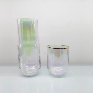 Gentle Ribbed Glass Carafe with Cup Gold Rimmed