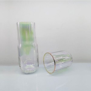 Gentle Ribbed Glass Carafe with Cup Gold Rimmed