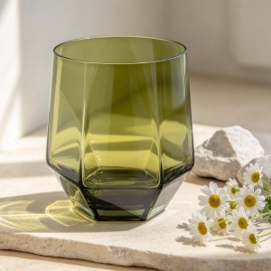 Olive Green Geometric Glassware Set – Artisanal Solid Color Highball & Tumbler