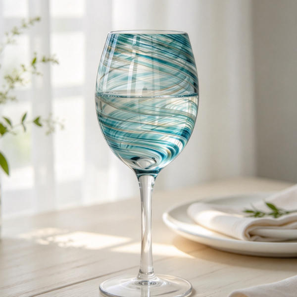 Ocean Blue Swirl Wine Glass | Glasswaretalk Featured Image