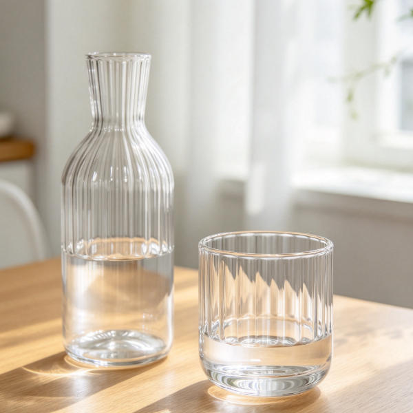 Clear Ribbed Glass Carafe and Tumbler Set (1 Carafe + 1 Cup Set) | Glasswaretalk Featured Image